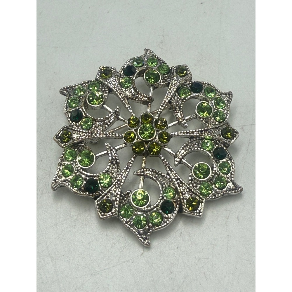 Vintage Silver Tone Green Rhinestone Snowflake Brooch Floral Mandala Pin